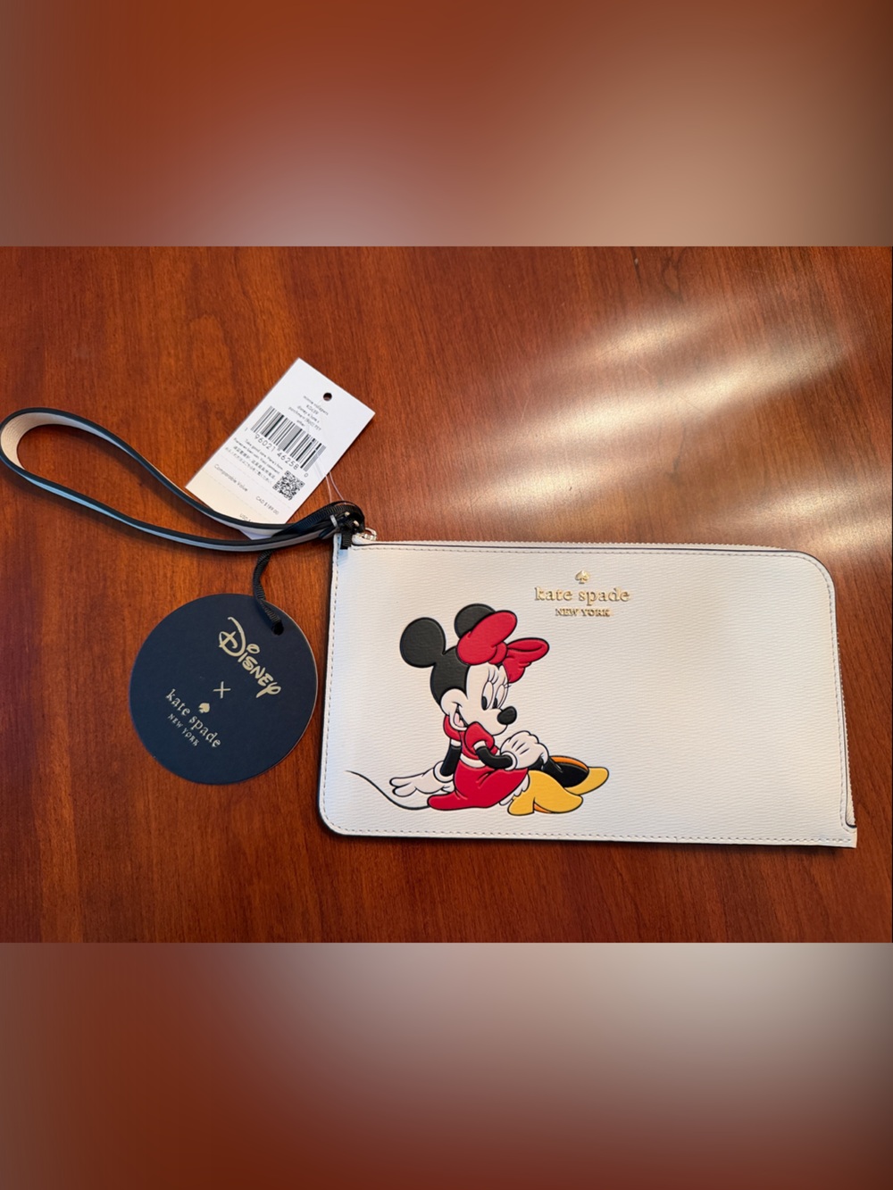 kate spade White Minnie & Mickey Zip Wristlet with Red and Yellow Accents